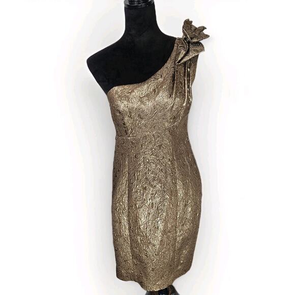 ABS Allen Schwartz Gold Mini Dress One Shoulder Gold Metallic Cocktail Sz 8 - Picture 1 of 10
